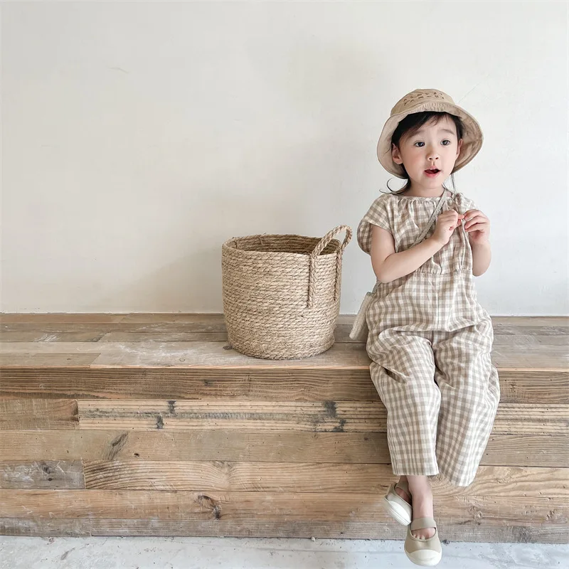 Baby Summer Linen Sleeveless Jumpsuit - Salopette scozzese per neonate Tutina senza